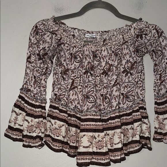 American Eagle Outfitters Brown and White Smocked Cropped Blouse - Picture 3 of 8